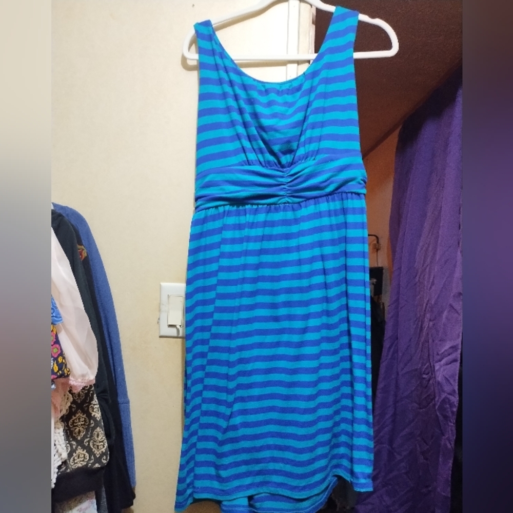 Striped blue cotton midi dress L
